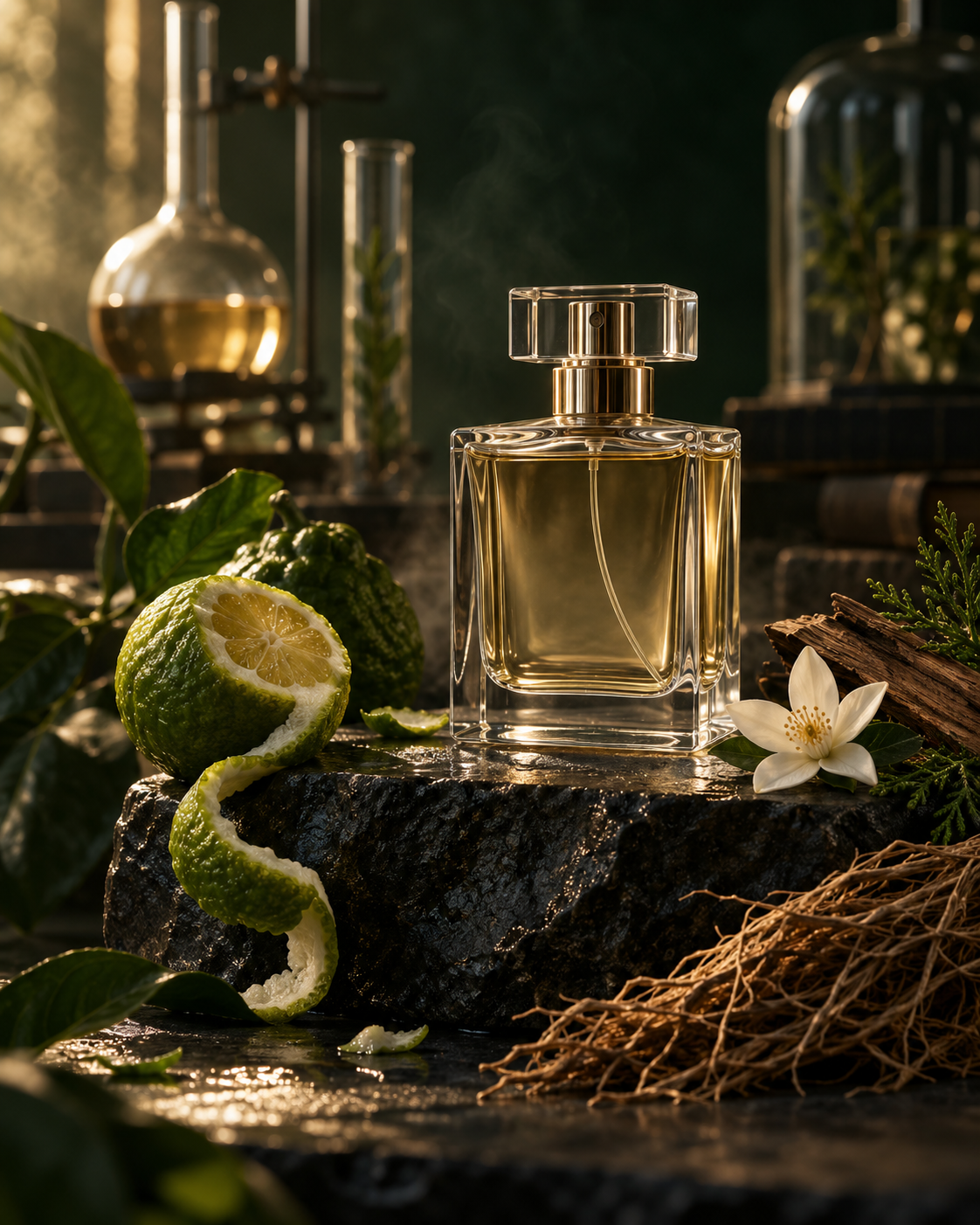 Frasco de perfume sofisticado entre matérias-primas naturais e luz dourada